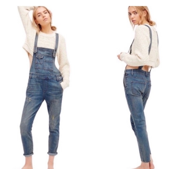 Free People Brady Medium Light Wash Denim Suspender Overalls 27 - Picture 2 of 16